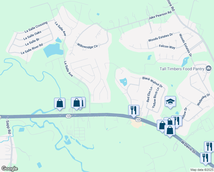 map of restaurants, bars, coffee shops, grocery stores, and more near 265 Catoti Cay Court in Conroe