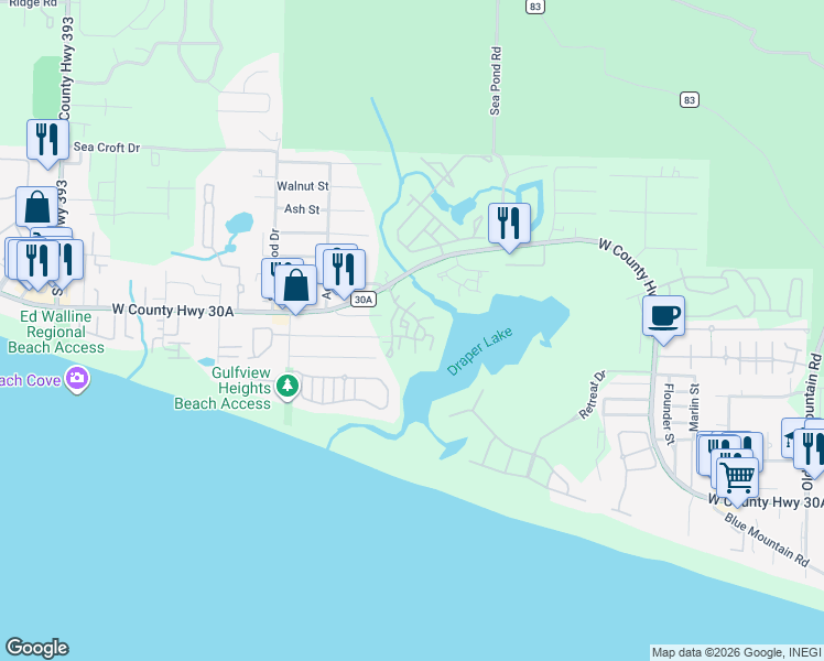 map of restaurants, bars, coffee shops, grocery stores, and more near 7 Draper Lane in Santa Rosa Beach