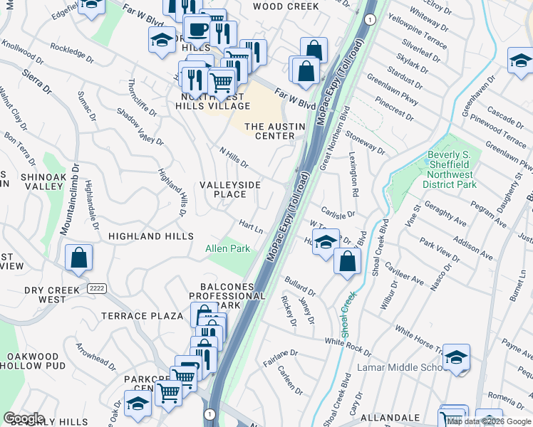 map of restaurants, bars, coffee shops, grocery stores, and more near 6501 East Hill Drive in Austin