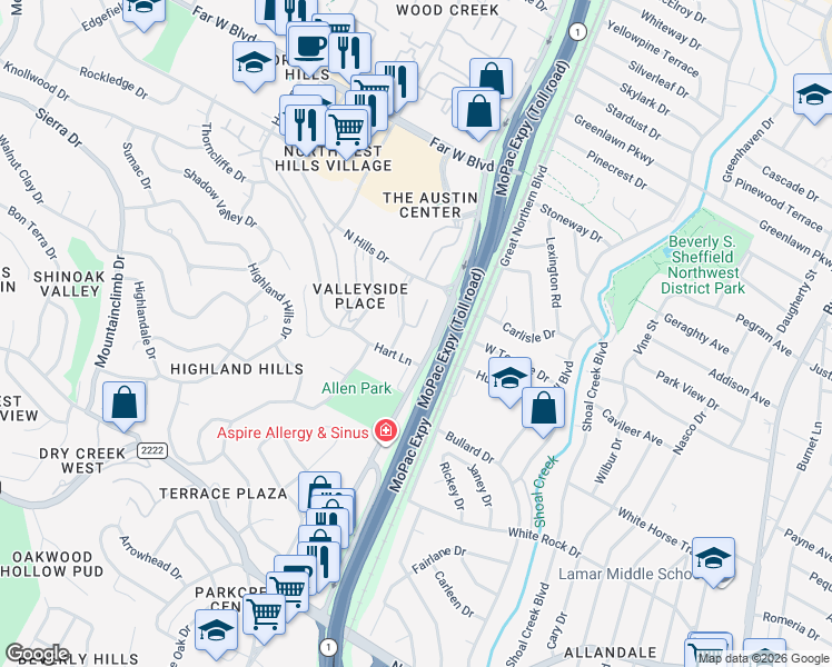 map of restaurants, bars, coffee shops, grocery stores, and more near 6533 East Hill Drive in Austin