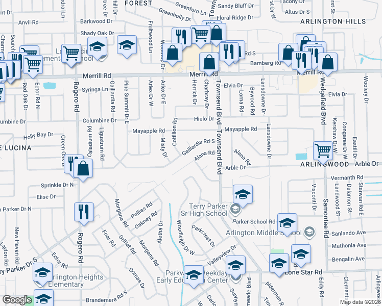 map of restaurants, bars, coffee shops, grocery stores, and more near 7011 Gaillardia Road South in Jacksonville