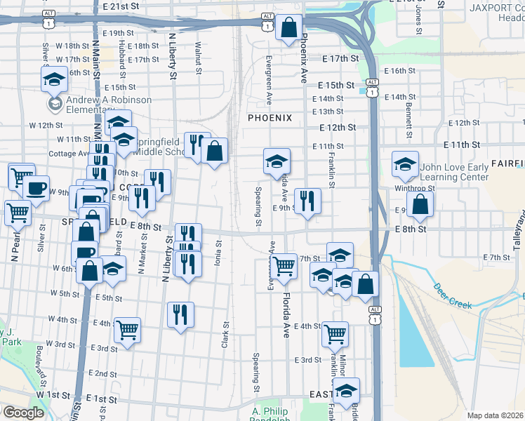 map of restaurants, bars, coffee shops, grocery stores, and more near 1907 Spearing Street in Jacksonville