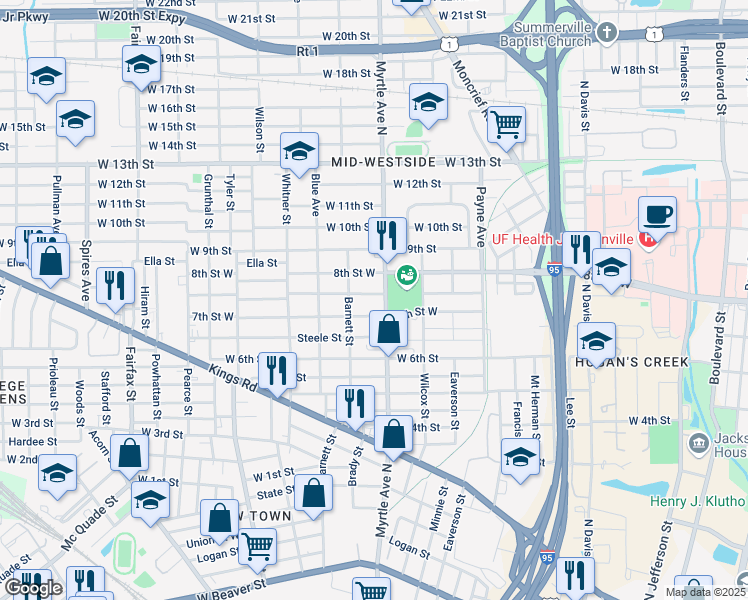 map of restaurants, bars, coffee shops, grocery stores, and more near 1339 Mc Conihe Street in Jacksonville