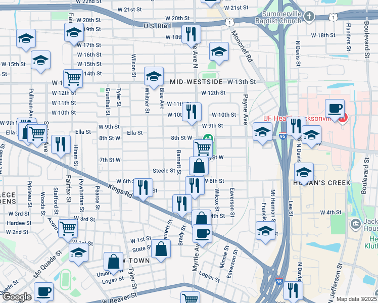 map of restaurants, bars, coffee shops, grocery stores, and more near 1339 Mc Conihe Street in Jacksonville
