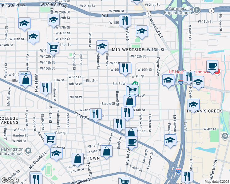map of restaurants, bars, coffee shops, grocery stores, and more near 1428 Mc Conihe Street in Jacksonville