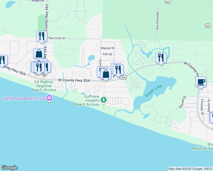 map of restaurants, bars, coffee shops, grocery stores, and more near 53 Buddy Street in Santa Rosa Beach