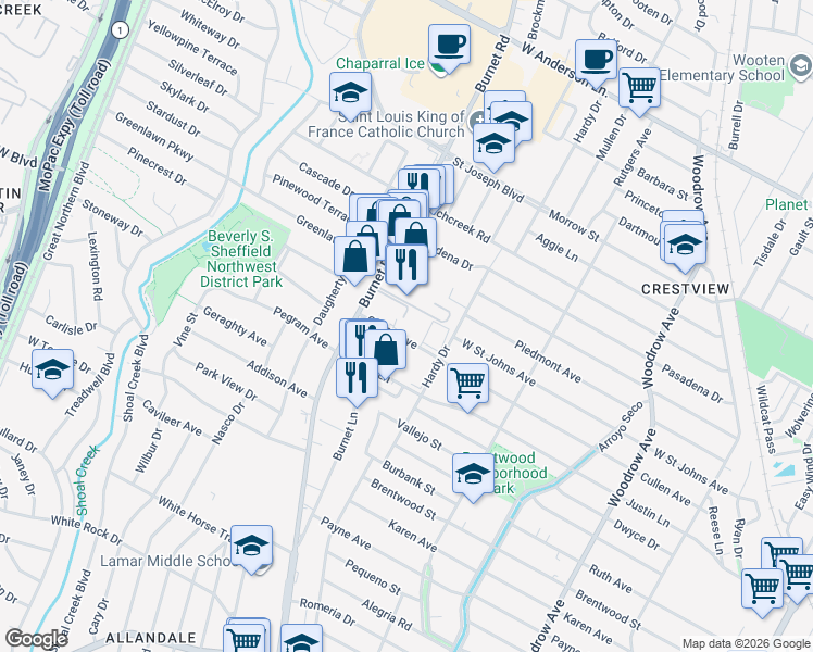 map of restaurants, bars, coffee shops, grocery stores, and more near 2106 Cullen Avenue in Austin