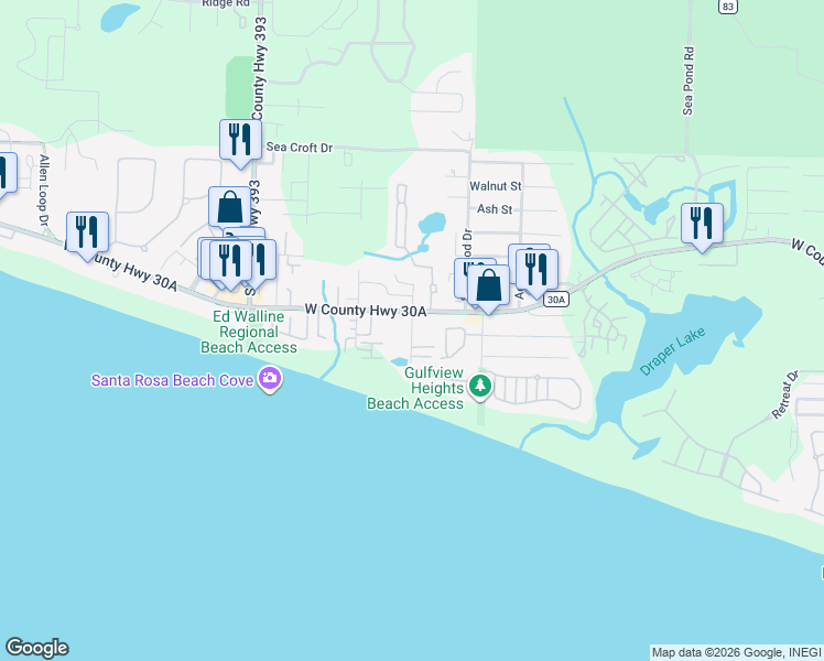 map of restaurants, bars, coffee shops, grocery stores, and more near 4049 West County Highway 30A in Santa Rosa Beach