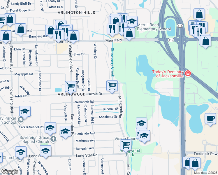 map of restaurants, bars, coffee shops, grocery stores, and more near Congaree Court North in Jacksonville