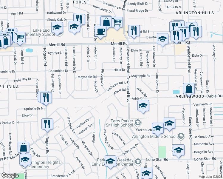 map of restaurants, bars, coffee shops, grocery stores, and more near 7011 Gaillardia Road South in Jacksonville