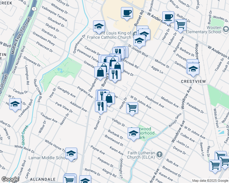 map of restaurants, bars, coffee shops, grocery stores, and more near 2106 Cullen Avenue in Austin