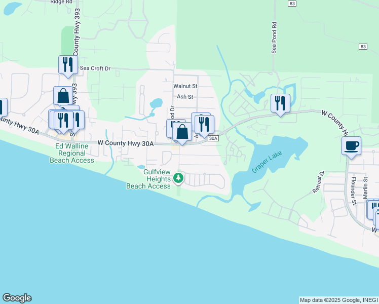 map of restaurants, bars, coffee shops, grocery stores, and more near 53 Buddy Street in Santa Rosa Beach