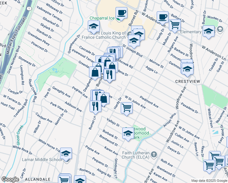 map of restaurants, bars, coffee shops, grocery stores, and more near 2104 Cullen Avenue in Austin