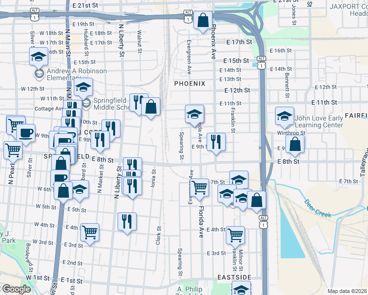 map of restaurants, bars, coffee shops, grocery stores, and more near 1907 Spearing Street in Jacksonville