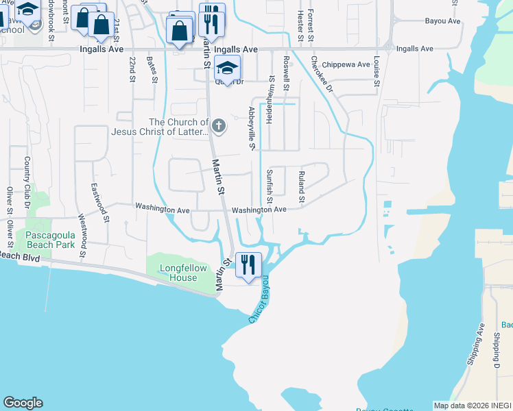 map of restaurants, bars, coffee shops, grocery stores, and more near 800 Swordfish Street in Pascagoula