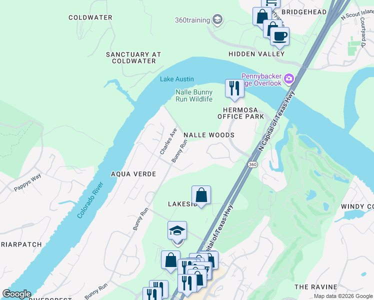map of restaurants, bars, coffee shops, grocery stores, and more near 4600 Bunny Run in Austin