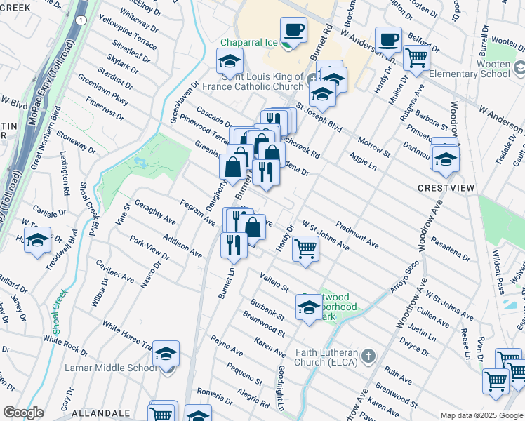 map of restaurants, bars, coffee shops, grocery stores, and more near 2106 Cullen Avenue in Austin
