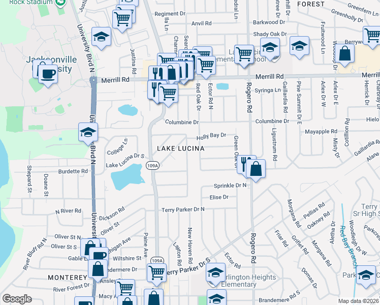 map of restaurants, bars, coffee shops, grocery stores, and more near 2333 Maple Leaf Drive East in Jacksonville