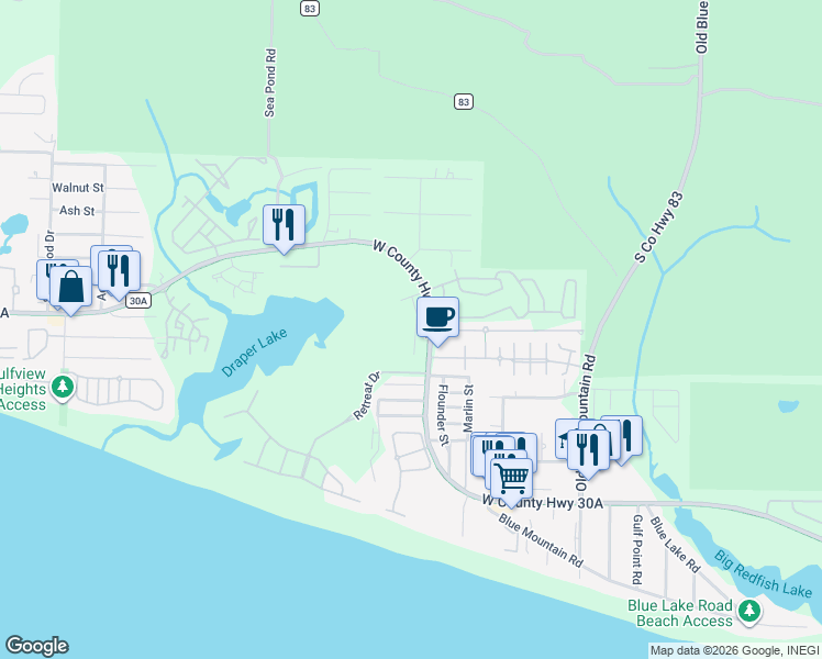 map of restaurants, bars, coffee shops, grocery stores, and more near 2768 West County Highway 30A in Santa Rosa Beach