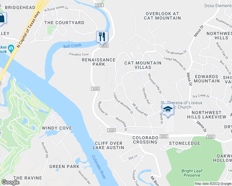 map of restaurants, bars, coffee shops, grocery stores, and more near 5923 Lookout Mountain Drive in Austin