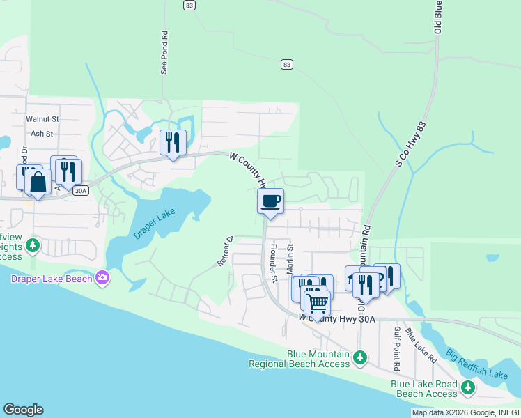 map of restaurants, bars, coffee shops, grocery stores, and more near 29 Ventana Boulevard in Santa Rosa Beach