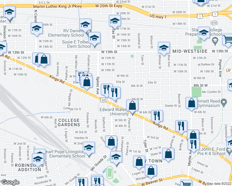 map of restaurants, bars, coffee shops, grocery stores, and more near 1714 Hiram St in Jacksonville