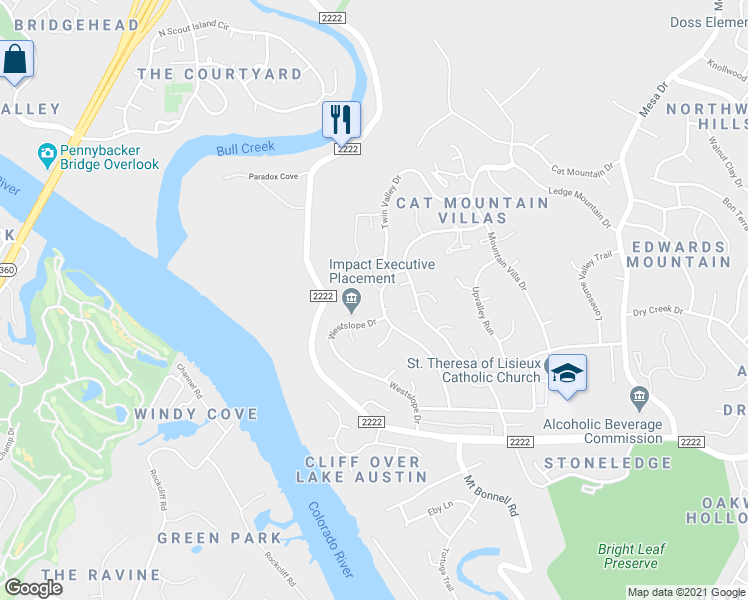 map of restaurants, bars, coffee shops, grocery stores, and more near 5926 Lookout Mountain Drive in Austin