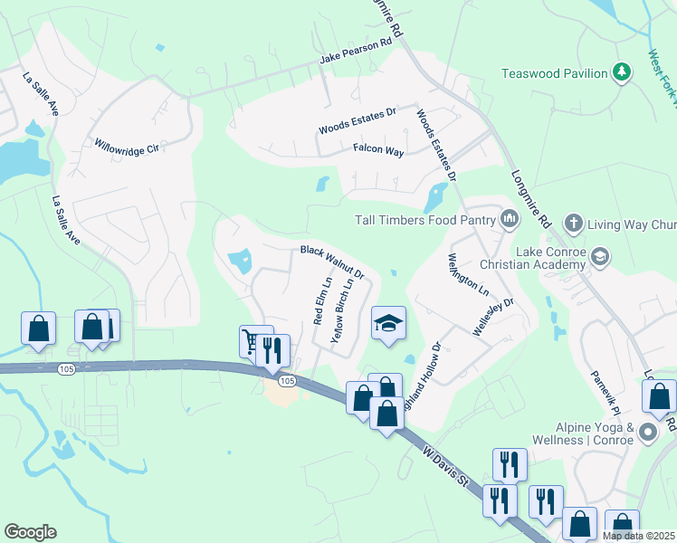 map of restaurants, bars, coffee shops, grocery stores, and more near 711 Red Elm Lane in Conroe