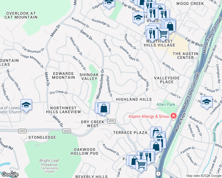 map of restaurants, bars, coffee shops, grocery stores, and more near 3708 Highland View Drive in Austin