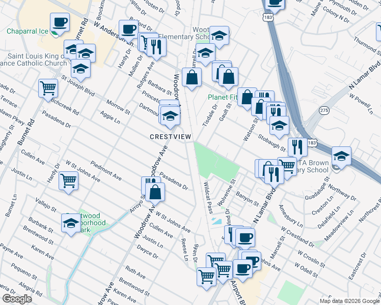 map of restaurants, bars, coffee shops, grocery stores, and more near 7519 Grover Avenue in Austin