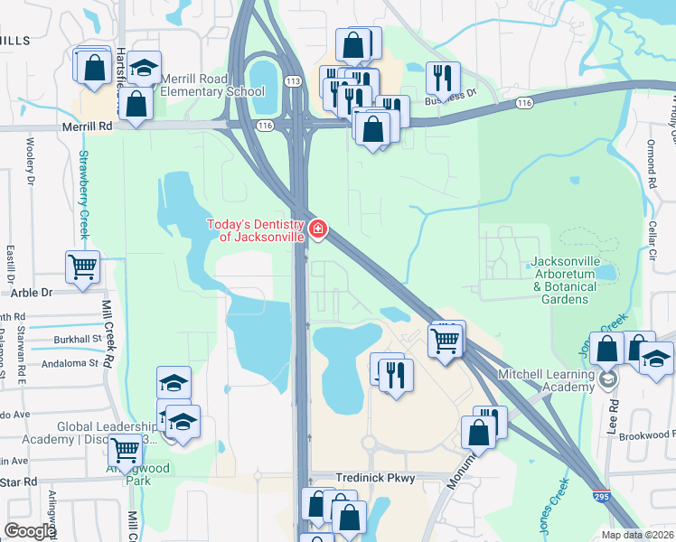 map of restaurants, bars, coffee shops, grocery stores, and more near 1584 Landau Road in Jacksonville