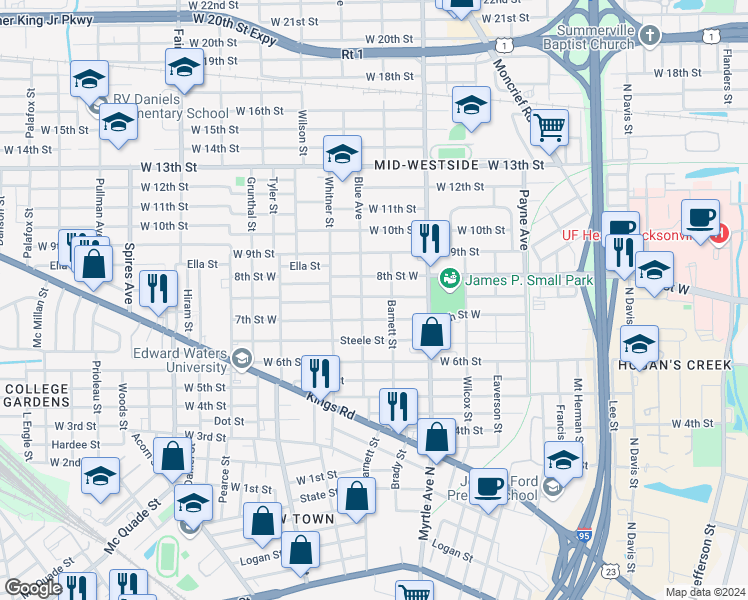 map of restaurants, bars, coffee shops, grocery stores, and more near 1428 Mc Conihe Street in Jacksonville