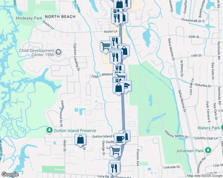 map of restaurants, bars, coffee shops, grocery stores, and more near 2158 Fairway Villas Drive in Jacksonville