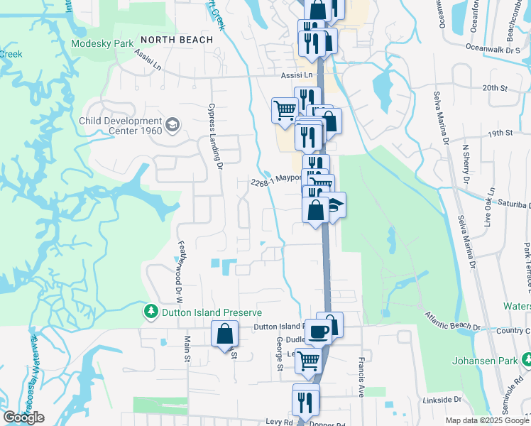 map of restaurants, bars, coffee shops, grocery stores, and more near 2258 Fairway Villas Drive in Jacksonville