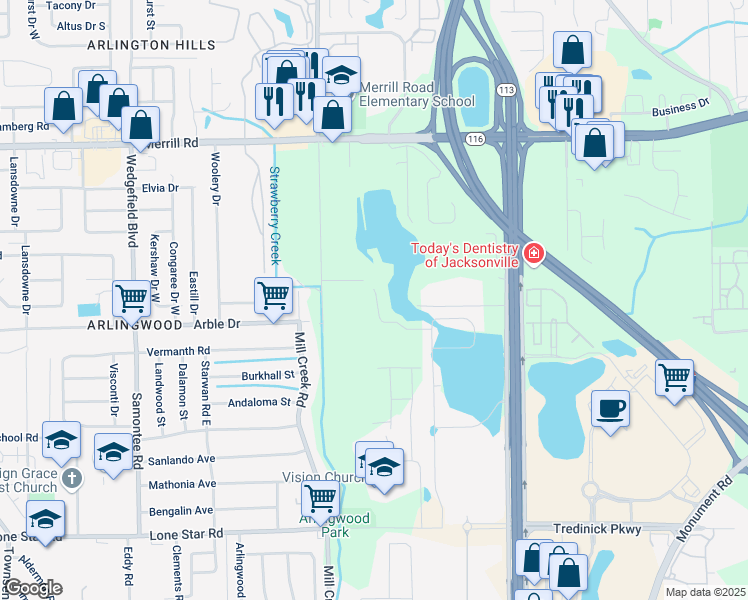 map of restaurants, bars, coffee shops, grocery stores, and more near 9079 Westwick Lane in Jacksonville