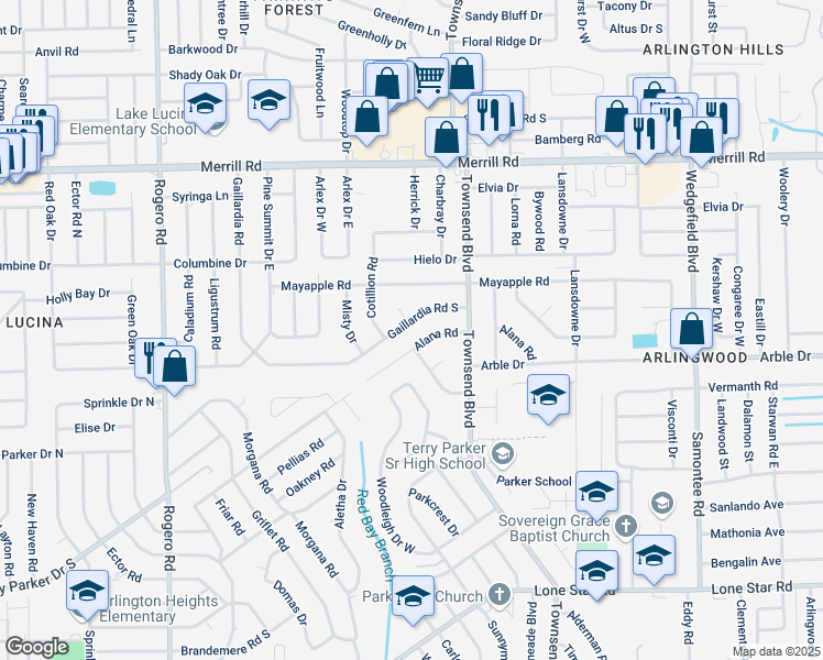 map of restaurants, bars, coffee shops, grocery stores, and more near 7043 Alana Road in Jacksonville