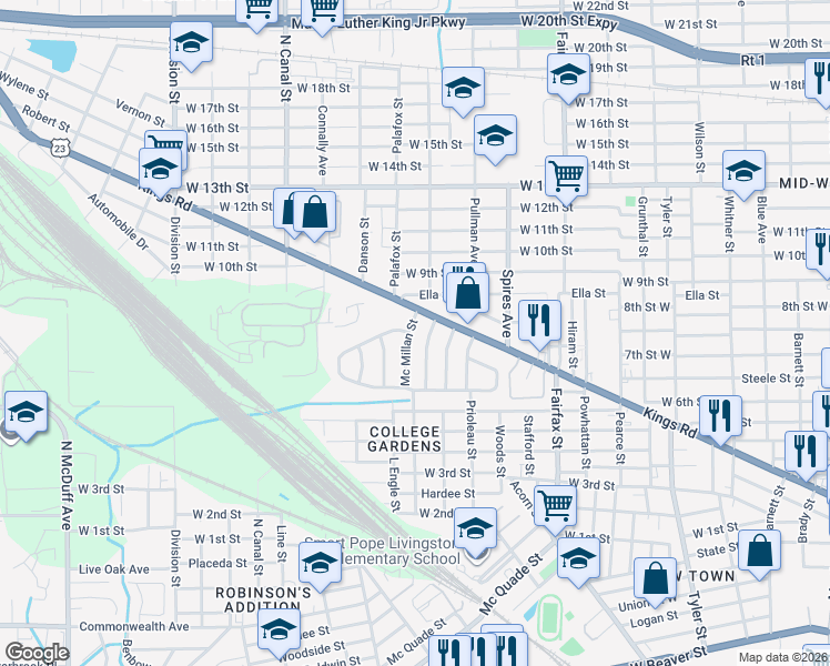 map of restaurants, bars, coffee shops, grocery stores, and more near 1731 University Street in Jacksonville