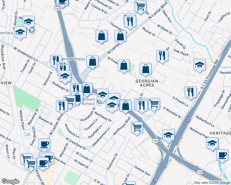map of restaurants, bars, coffee shops, grocery stores, and more near 400 West Anderson Lane in Austin