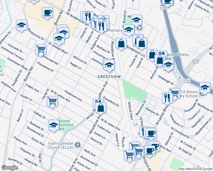 map of restaurants, bars, coffee shops, grocery stores, and more near 1304 Aggie Lane in Austin