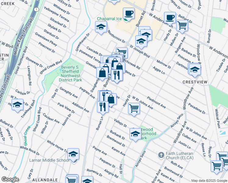 map of restaurants, bars, coffee shops, grocery stores, and more near 2106 Cullen Avenue in Austin