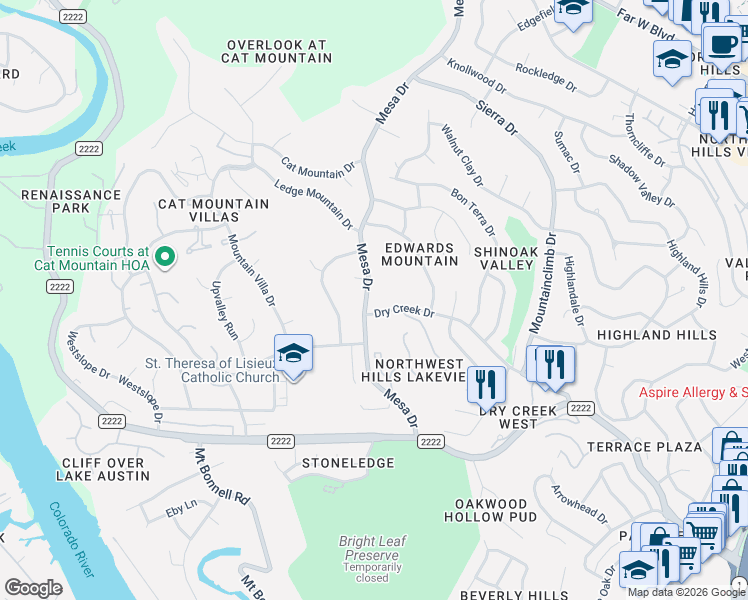 map of restaurants, bars, coffee shops, grocery stores, and more near 6003 Mesa Drive in Austin
