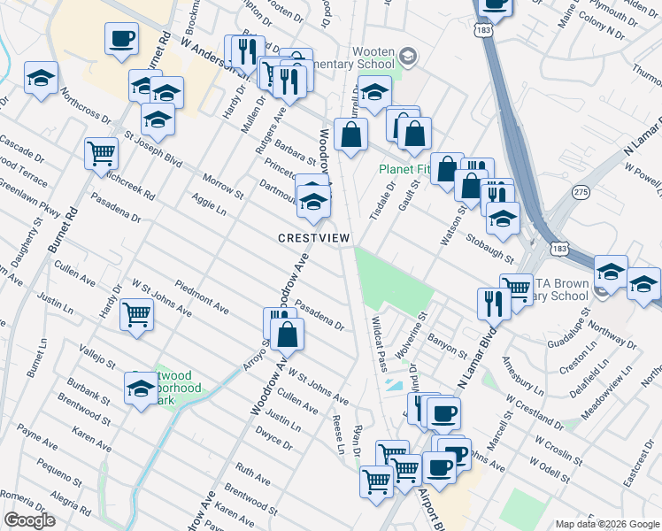 map of restaurants, bars, coffee shops, grocery stores, and more near 1206 Aggie Lane in Austin