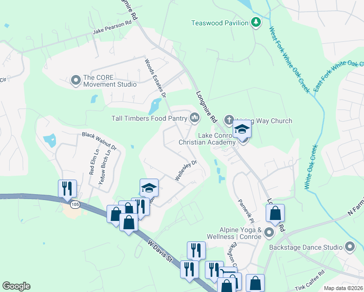 map of restaurants, bars, coffee shops, grocery stores, and more near 4 Fairmont Court in Conroe