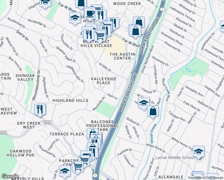map of restaurants, bars, coffee shops, grocery stores, and more near 6518 East Hill Drive in Austin