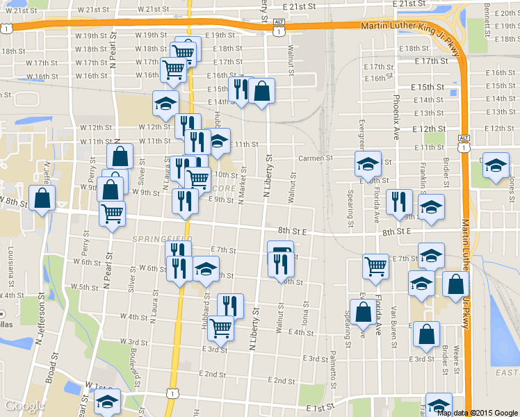 map of restaurants, bars, coffee shops, grocery stores, and more near 1850 North Liberty Street in Jacksonville