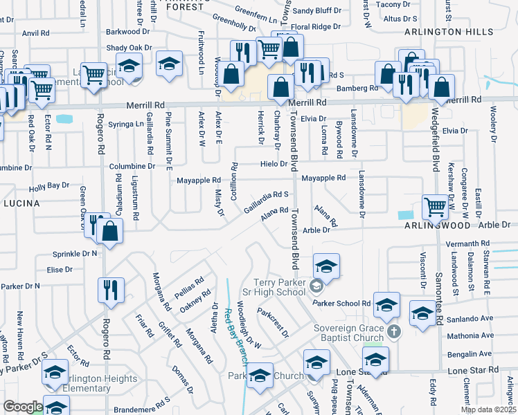 map of restaurants, bars, coffee shops, grocery stores, and more near 7043 Alana Road in Jacksonville