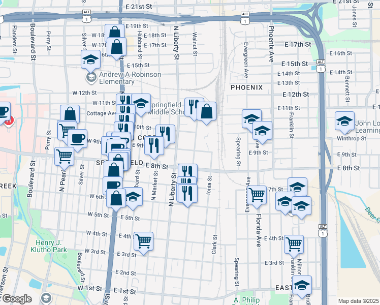 map of restaurants, bars, coffee shops, grocery stores, and more near 346 East 9th Street in Jacksonville