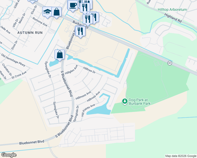 map of restaurants, bars, coffee shops, grocery stores, and more near 10837 Hillmont Avenue in Baton Rouge