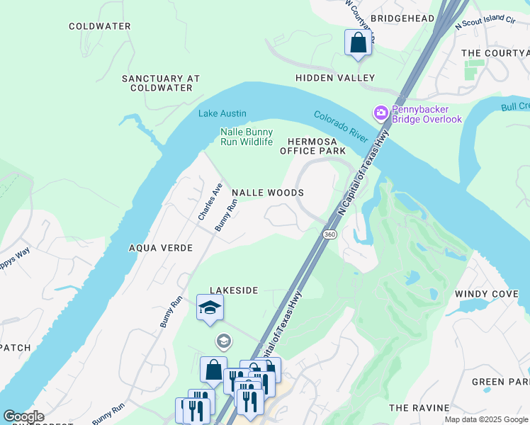 map of restaurants, bars, coffee shops, grocery stores, and more near 4700 North Capital of Texas Highway in Austin