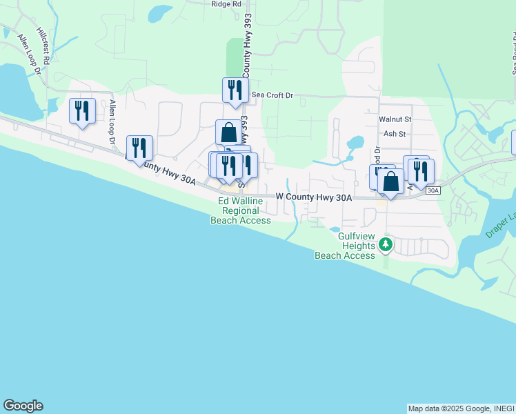map of restaurants, bars, coffee shops, grocery stores, and more near 136 Seaward Drive in Santa Rosa Beach